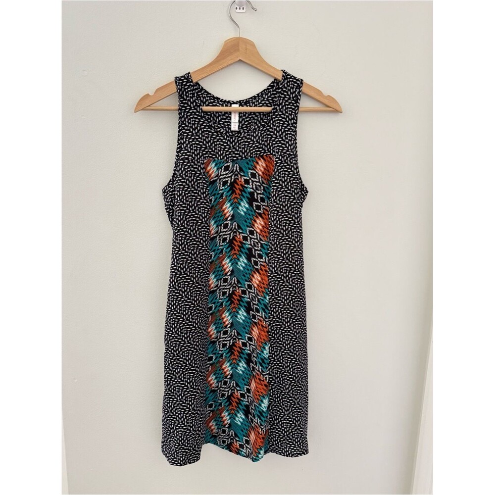 Xhilaration Sleeveless Black Patterned Dress with Teal & Orange Center Panel S